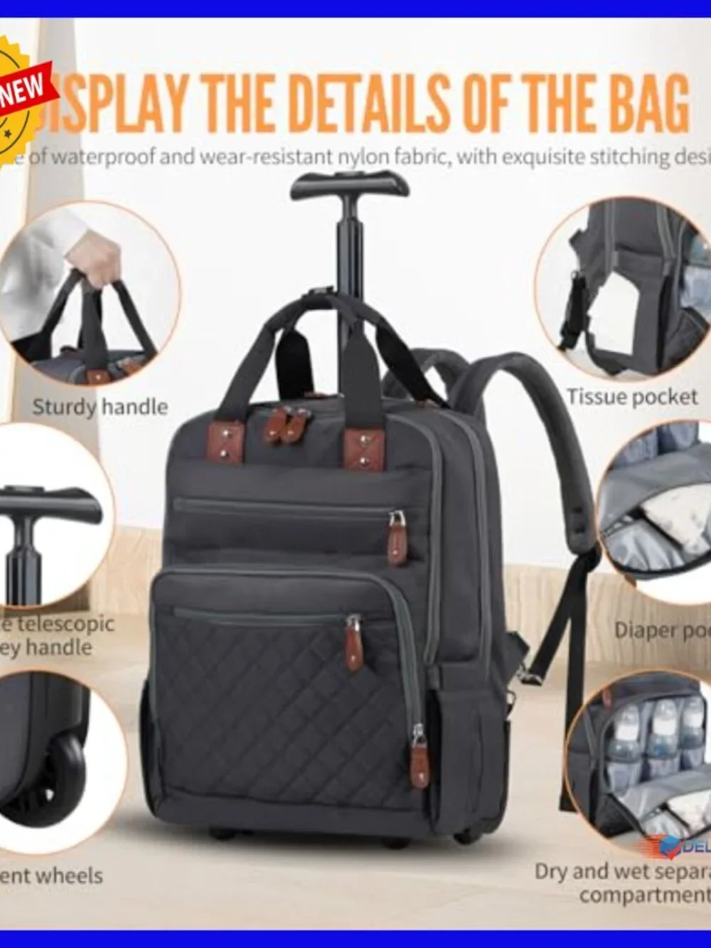 Convertible Rolling Diaper Backpack with Hidden Wheels, 35L Travel Bag